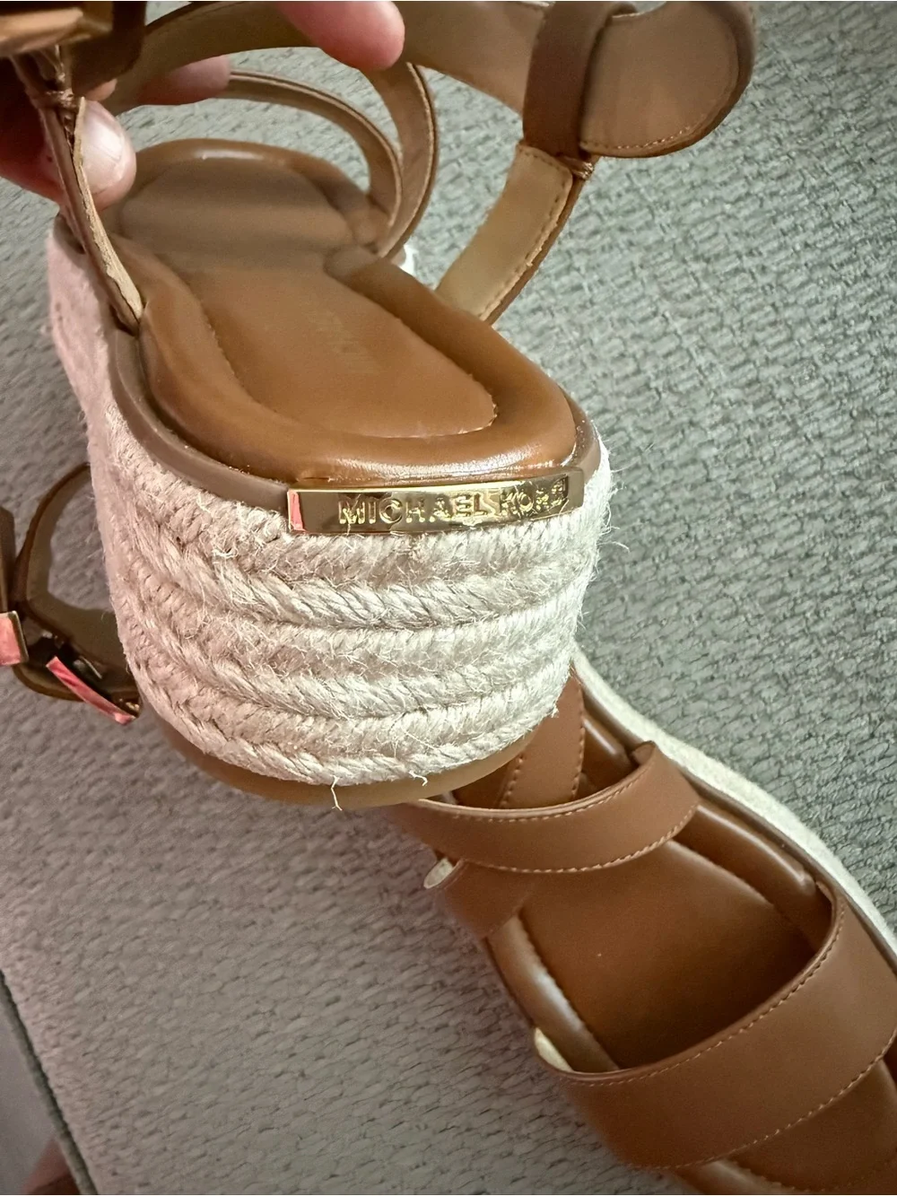 MICHAEL KORS Cognac Leather Wedge Sandals with Gold Buckle